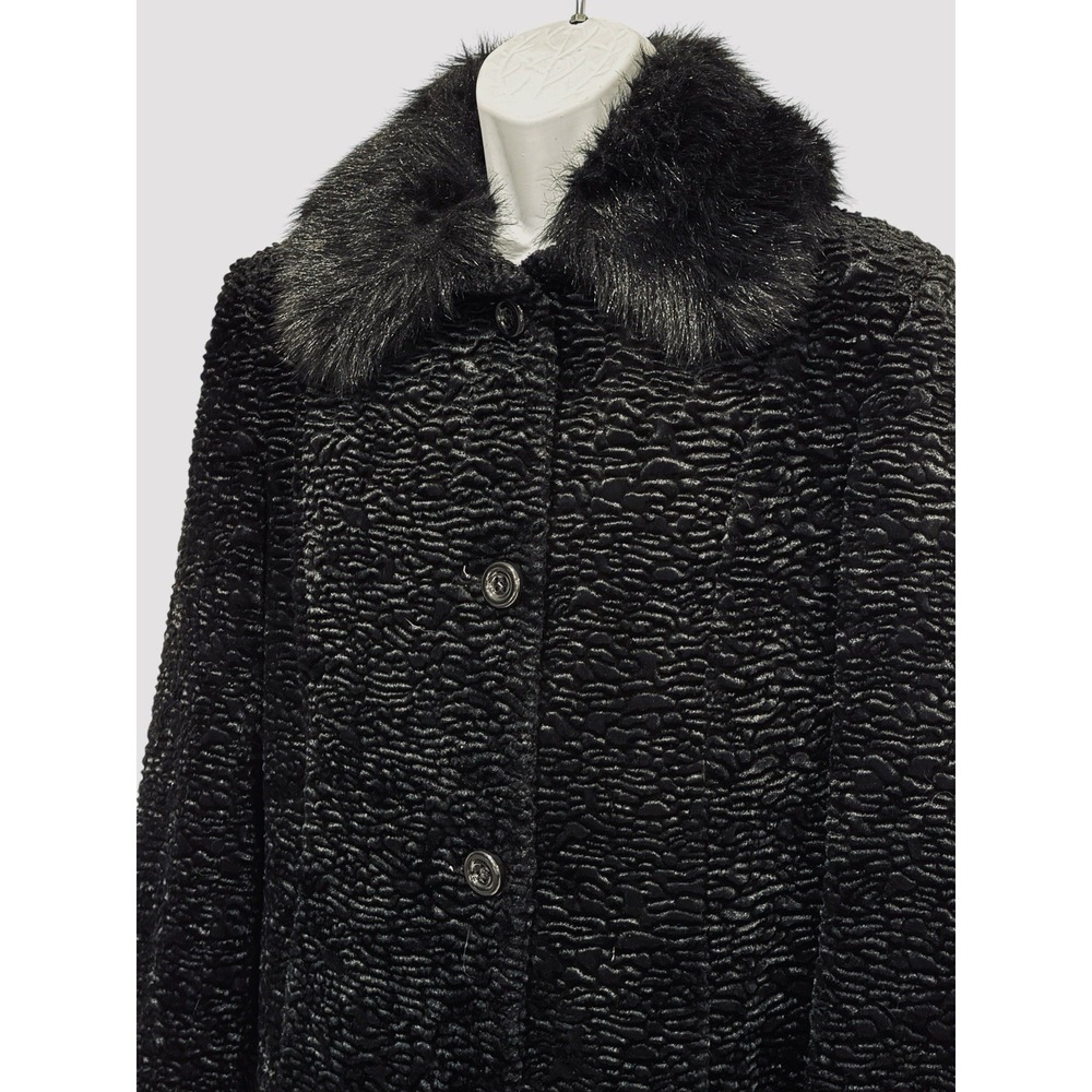 Midnight‎ Velvet Long Coat L Black Velvet Tiger Stripe Faux Fur Collar Removable